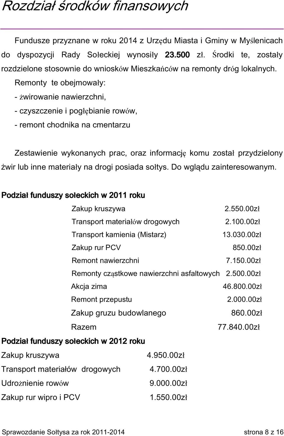 Remonty te obejmowały: - żwirowanie nawierzchni, - czyszczenie i pogłębianie rowów, - remont chodnika na cmentarzu Zestawienie wykonanych prac, oraz informację komu został przydzielony żwir lub inne