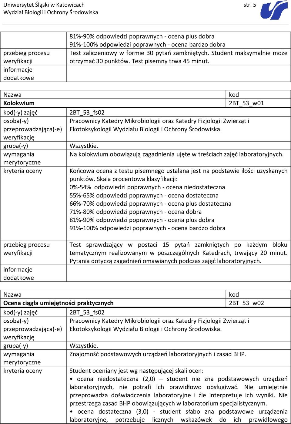 ocena plus dobra 91%-100% odpowiedzi poprawnych - ocena bardzo dobra Test zaliczeniowy w formie 30 pytań zamkniętych. Student maksymalnie może otrzymać 30 punktów. Test pisemny trwa 45 minut.