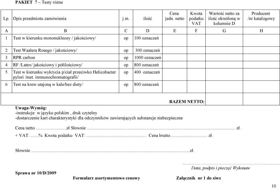 immunochromatografii/ op 400 6 Test na krew utajoną w kale/bez diety/ op 800 Uwaga-Wymóg: -instrukcje w języku polskim, druk czytelny -dostarczenie kart