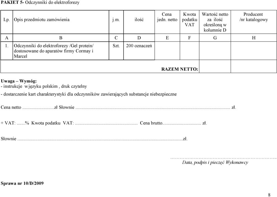 Wymóg: - instrukcje w języku polskim, druk czytelny 200 - dostarczenie kart charakterystyki dla