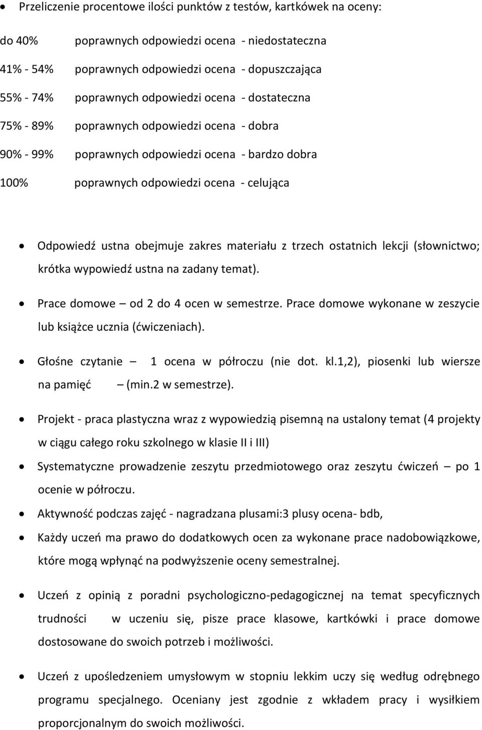 zakres materiału z trzech ostatnich lekcji (słownictwo; krótka wypowiedź ustna na zadany temat). Prace domowe od 2 do 4 ocen w semestrze.