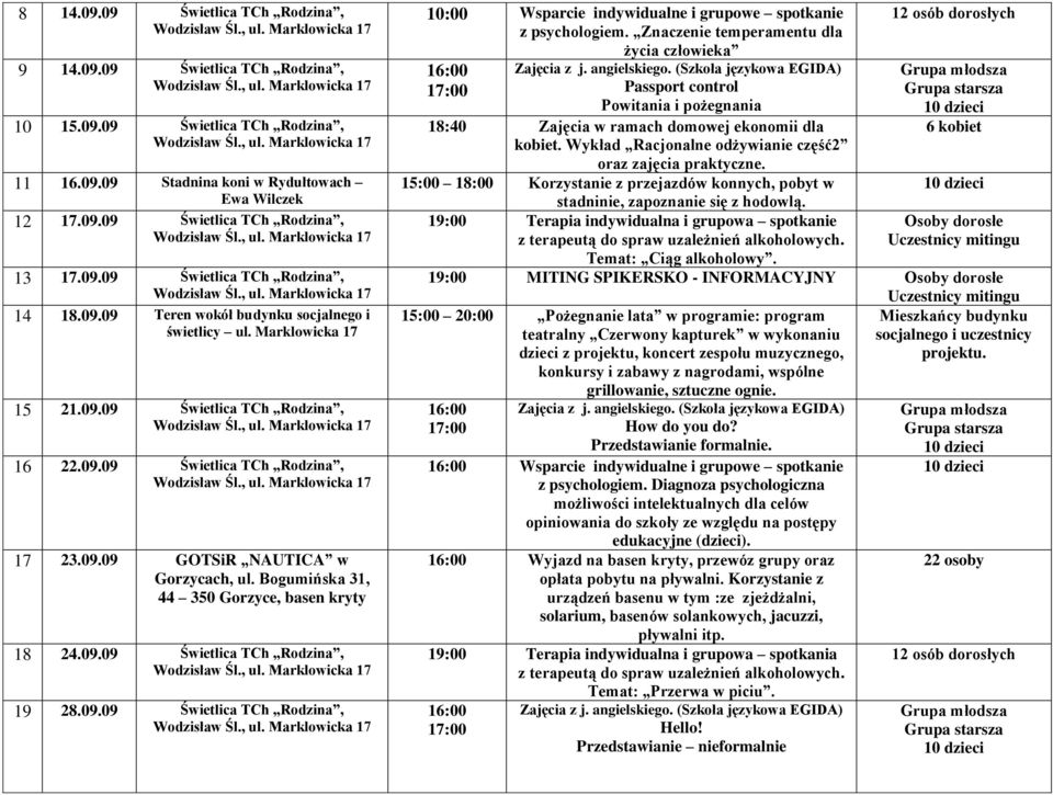 Bogumińska 31, 44 350 Gorzyce, basen kryty 18 24.09.09 Świetlica TCh Rodzina, 19 28.09.09 Świetlica TCh Rodzina, z psychologiem.