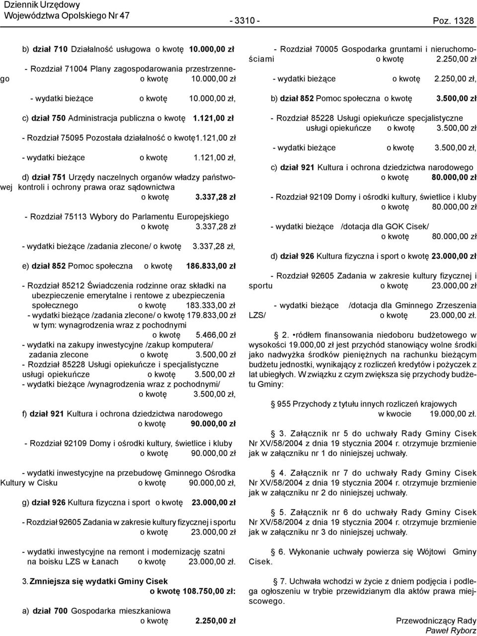 121,00 z³, d) dzia³ 751 Urzêdy naczelnych organów w³adzy pañstwowej kontroli i ochrony prawa oraz s¹downictwa o kwotê 3.337,28 z³ - Rozdzia³ 75113 Wybory do Parlamentu Europejskiego o kwotê 3.