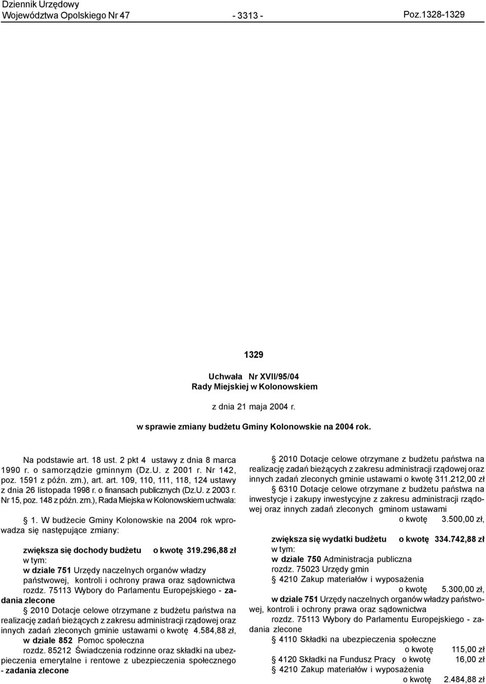 o finansach publicznych (Dz.U. z 2003 r. Nr 15, poz. 148 z póÿn. zm.), Rada Miejska w Kolonowskiem uchwala: 1.