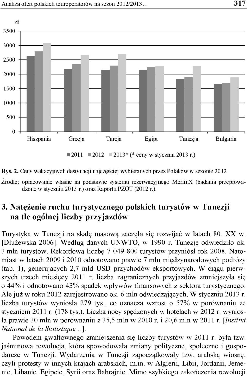 00 2000 1500 1000 500 0 Hiszpania Grecja Turcja Egipt Tunezja Bułgaria 2011 2012 2013* (* ceny w styczniu 2013 r.) Rys. 2. Ceny wakacyjnych destynacji najczęściej wybieranych przez Polaków w sezonie 2012 Źródło: opracowanie własne na podstawie systemu rezerwacyjnego MerlinX (badania przeprowadzone w styczniu 2013 r.