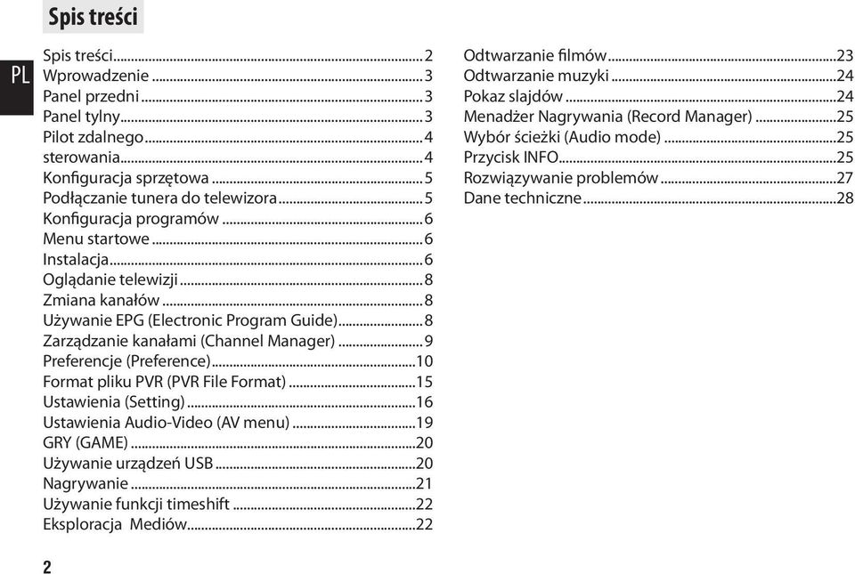 ..10 Format pliku PVR (PVR File Format)...15 Ustawienia (Setting)...16 Ustawienia Audio-Video (AV menu)...19 GRY (GAME)...20 Używanie urządzeń USB...20 Nagrywanie...21 Używanie funkcji timeshift.