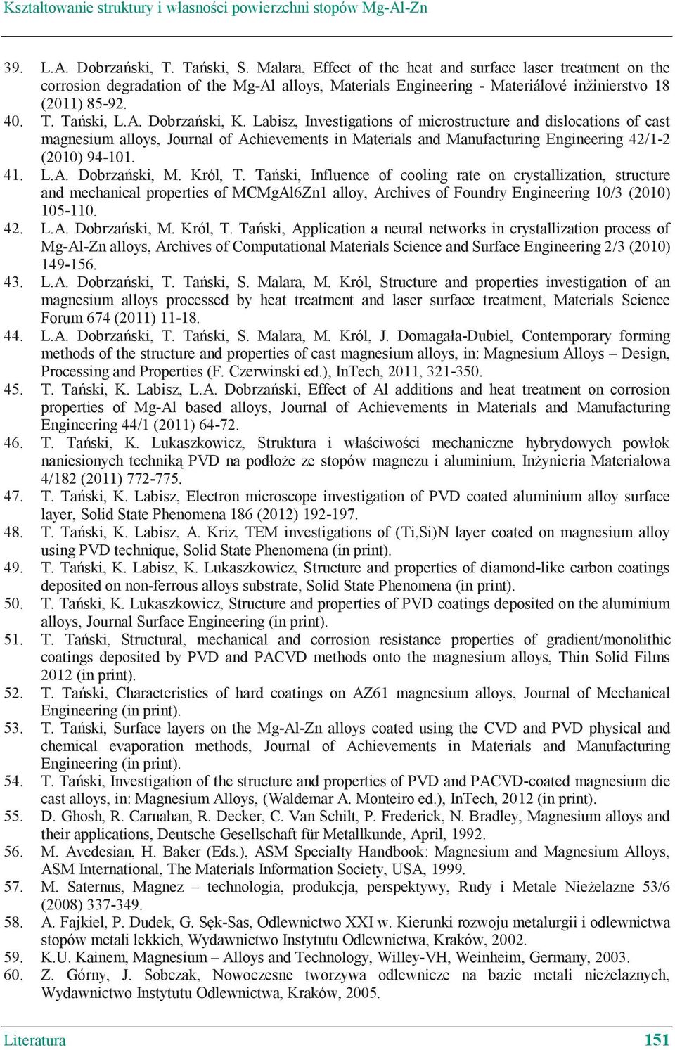 Labisz, Investigations of microstructure and dislocations of cast magnesium alloys, Journal of Achievements in Materials and Manufacturing Engineering 42/1-2 (2010) 94-101. 41. L.A. Dobrza ski, M.