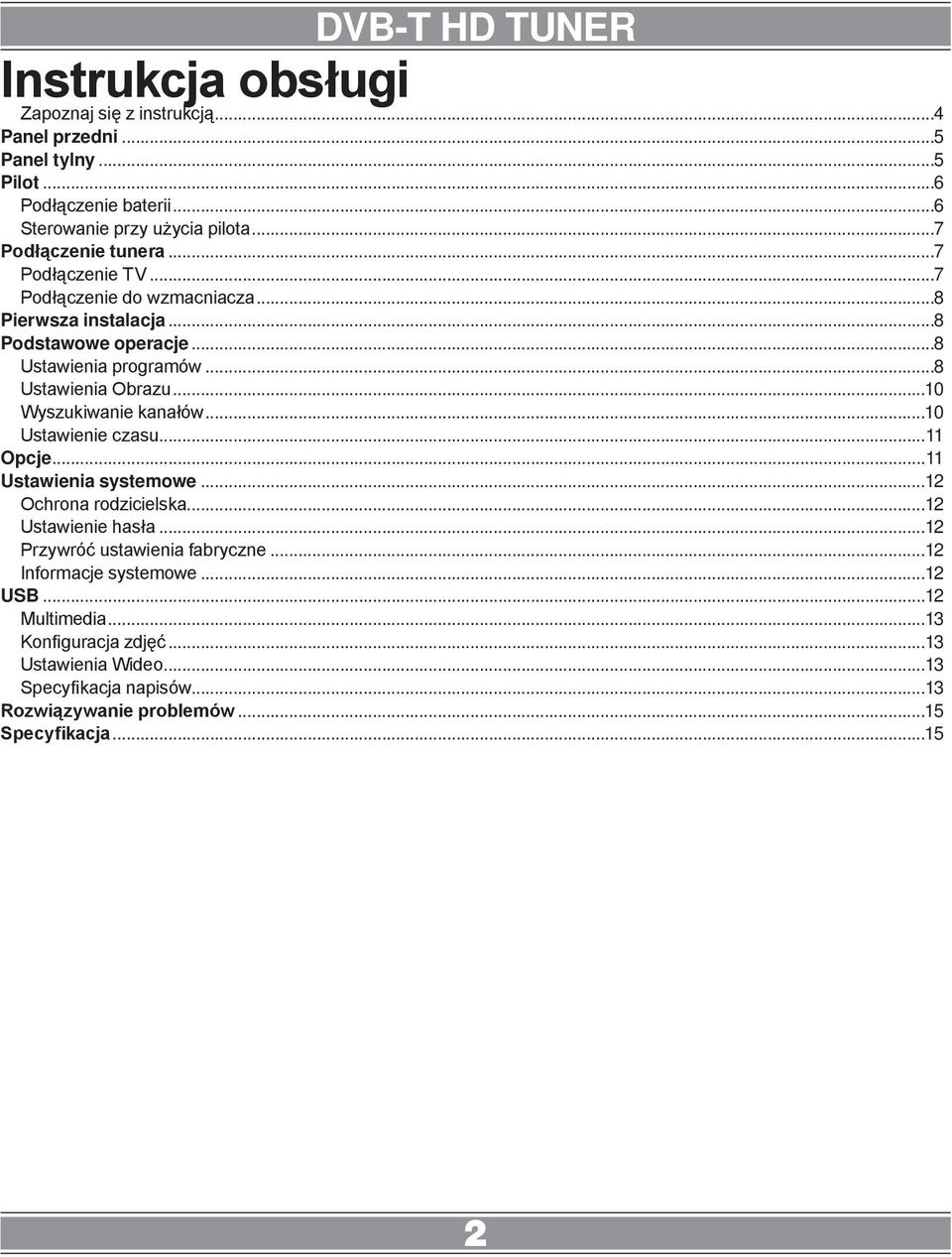 ..10 Wyszukiwanie kanałów...10 Ustawienie czasu...11 Opcje...11 Ustawienia systemowe...12 Ochrona rodzicielska...12 Ustawienie hasła...12 Przywróć ustawienia fabryczne.