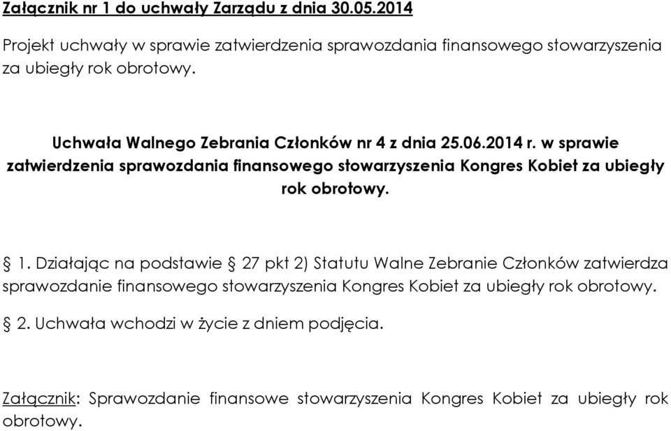 z dnia 25.06.2014 r. w sprawie zatwierdzenia sprawozdania finansowego stowarzyszenia Kongres Kobiet za ubiegły rok 1.