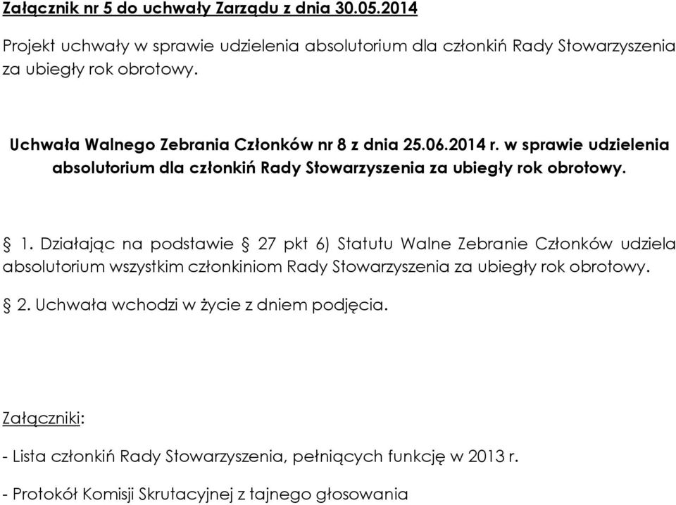 dnia 25.06.2014 r. w sprawie udzielenia absolutorium dla członkiń Rady Stowarzyszenia 1.