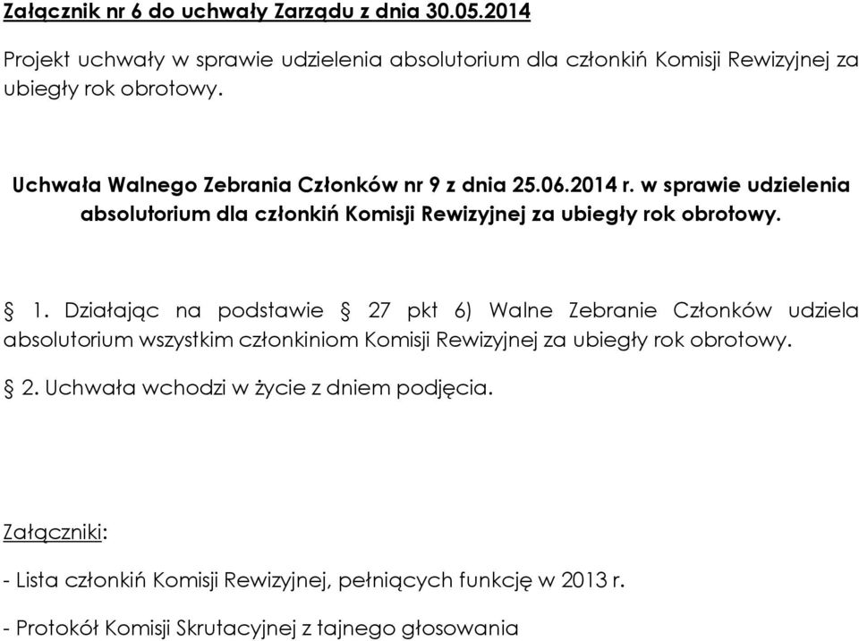 Członków nr 9 z dnia 25.06.2014 r. w sprawie udzielenia absolutorium dla członkiń Komisji Rewizyjnej 1.