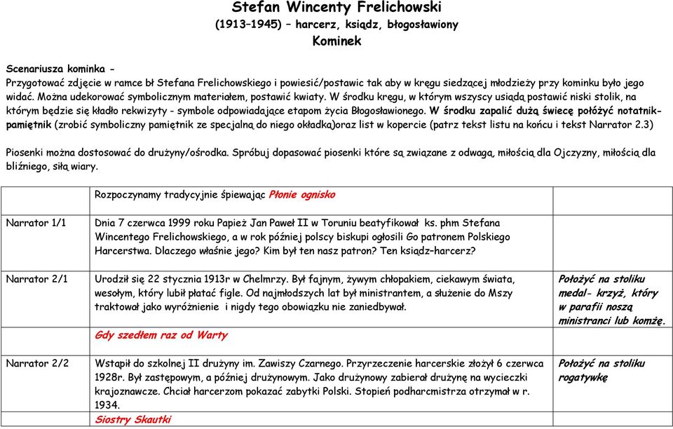 W środku kręgu, w którym wszyscy usiądą postawić niski stolik, na którym będzie się kładło rekwizyty - symbole odpowiadające etapom życia Błogosławionego.