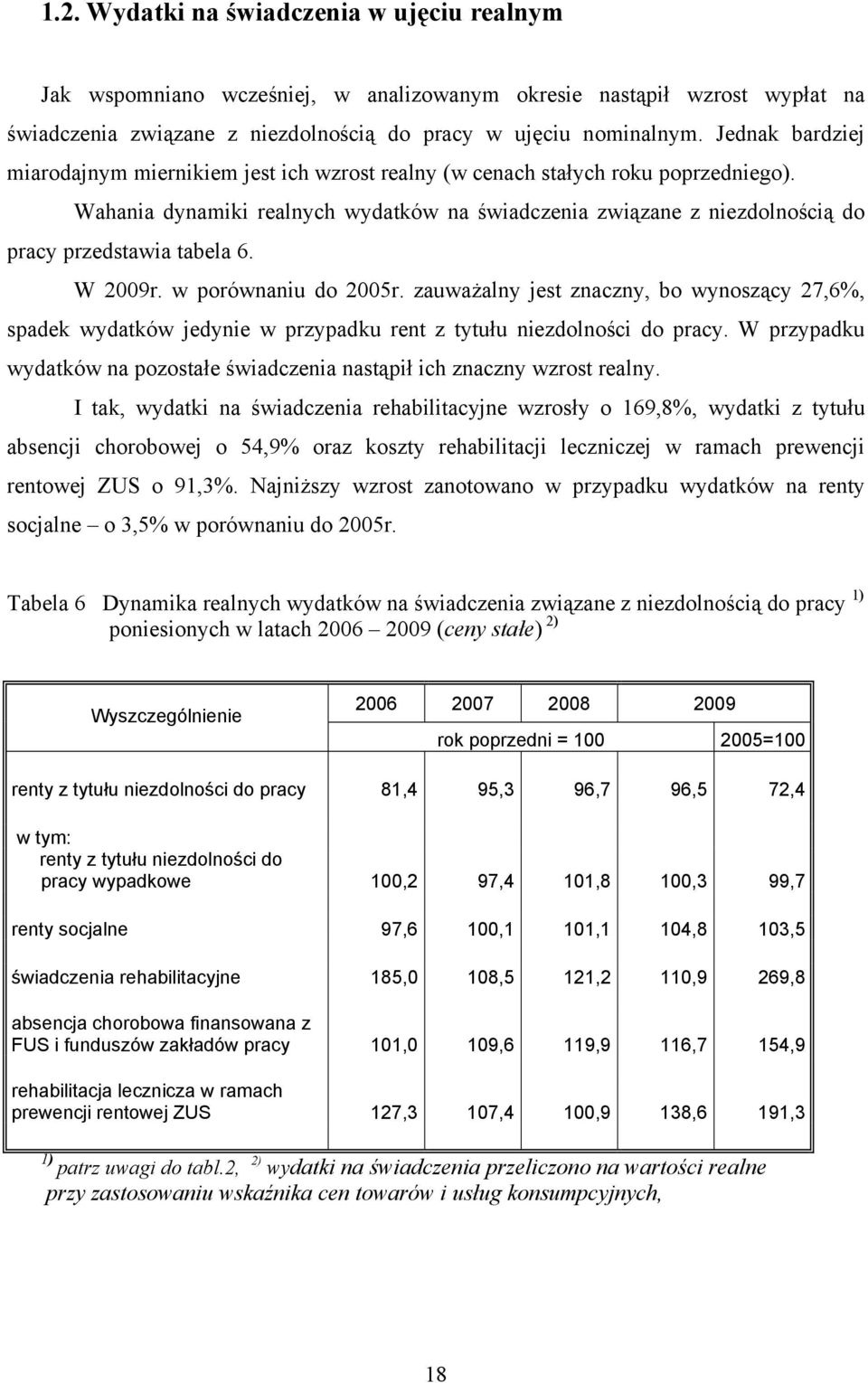 Wahania dynamiki realnych wydatków na świadczenia związane z niezdolnością do pracy przedstawia tabela 6. W 2009r. w porównaniu do 2005r.