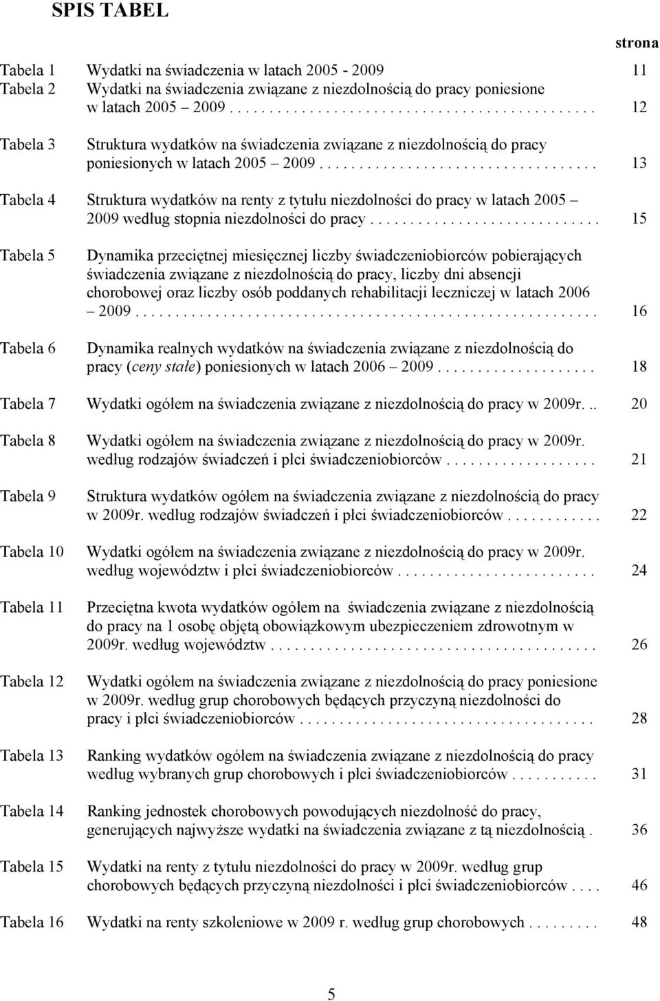 .................................. 13 Tabela 4 Struktura wydatków na renty z tytułu niezdolności do pracy w latach 2005 2009 według stopnia niezdolności do pracy.