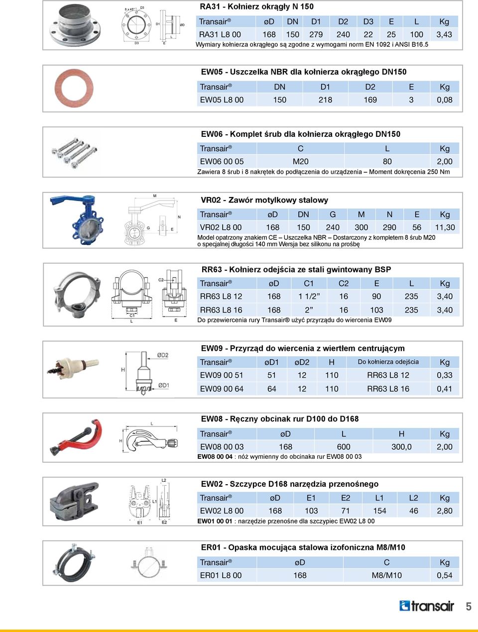 Zawiera 8 śrub i 8 nakrętek do podłączenia do urządzenia Moment dokręcenia 250 Nm VR02 - Zawór motylkowy stalowy Transair ød DN G M N E Kg VR02 L8 00 168 150 240 300 290 56 11,30 Model opatrzony