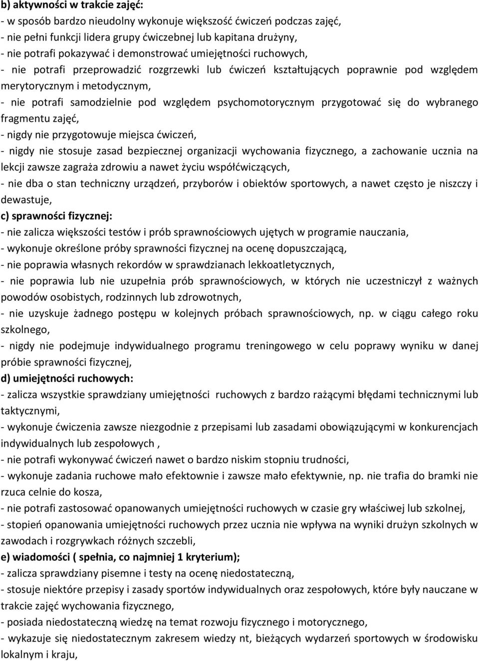 psychomotorycznym przygotować się do wybranego fragmentu zajęć, - nigdy nie przygotowuje miejsca ćwiczeń, - nigdy nie stosuje zasad bezpiecznej organizacji wychowania fizycznego, a zachowanie ucznia