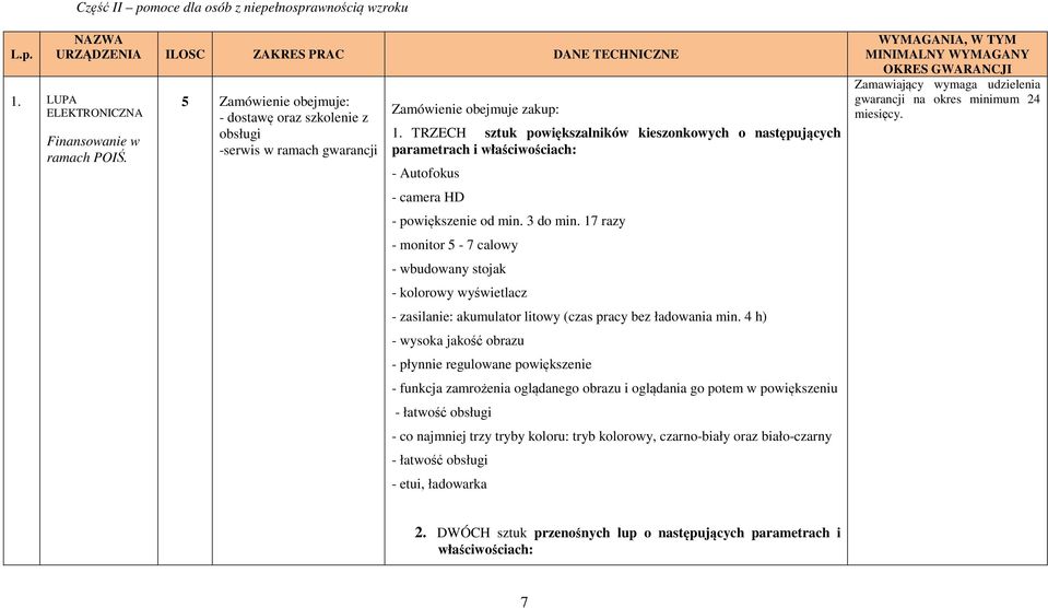 TRZECH sztuk powiększalników kieszonkowych o następujących parametrach i właściwościach: - Autofokus - camera HD - powiększenie od min. 3 do min.