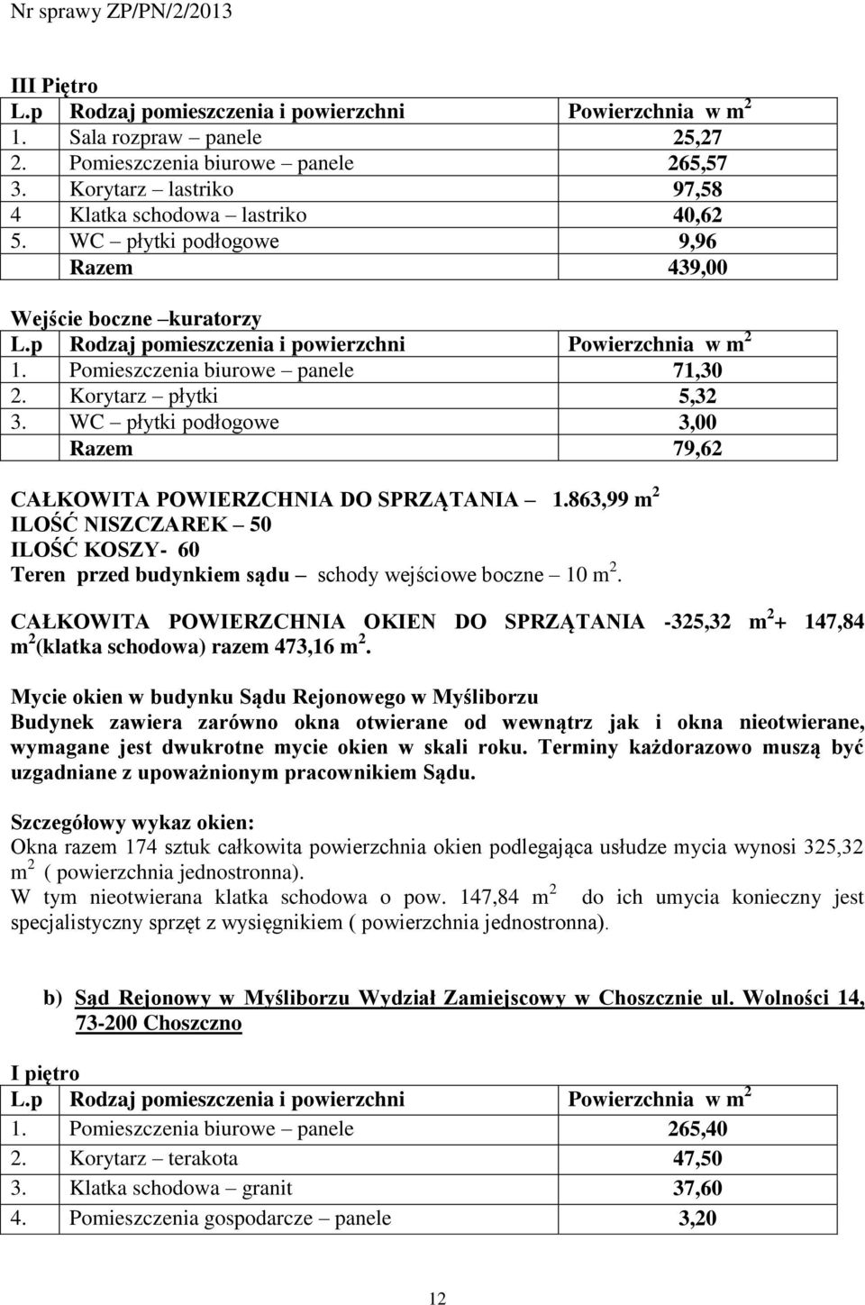 WC płytki podłogowe 3,00 Razem 79,62 CAŁKOWITA POWIERZCHNIA DO SPRZĄTANIA 1.863,99 m 2 ILOŚĆ NISZCZAREK 50 ILOŚĆ KOSZY- 60 Teren przed budynkiem sądu schody wejściowe boczne 10 m 2.