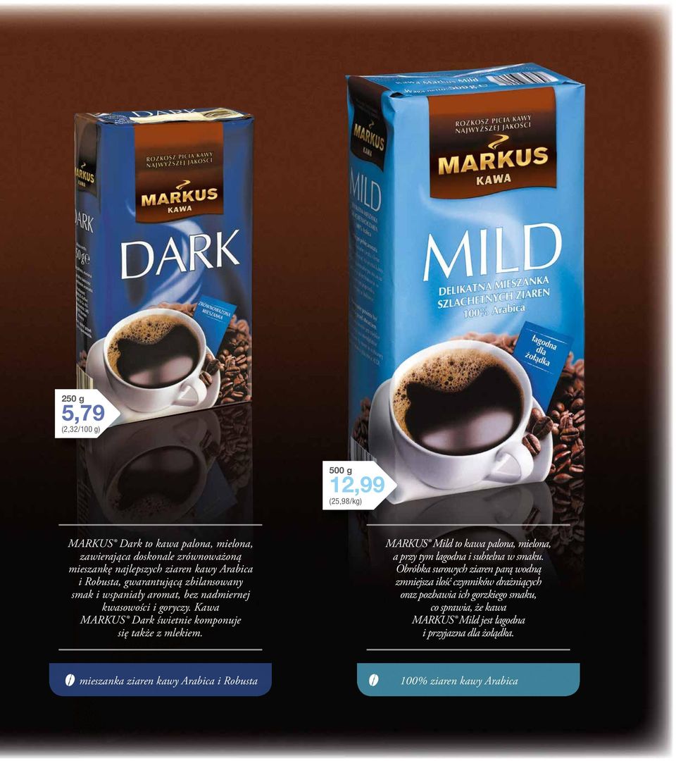 Kawa MARKUS Dark świetnie komponuje się także z mlekiem. MARKUS Mild to kawa palona, mielona, a przy tym łagodna i subtelna w smaku.