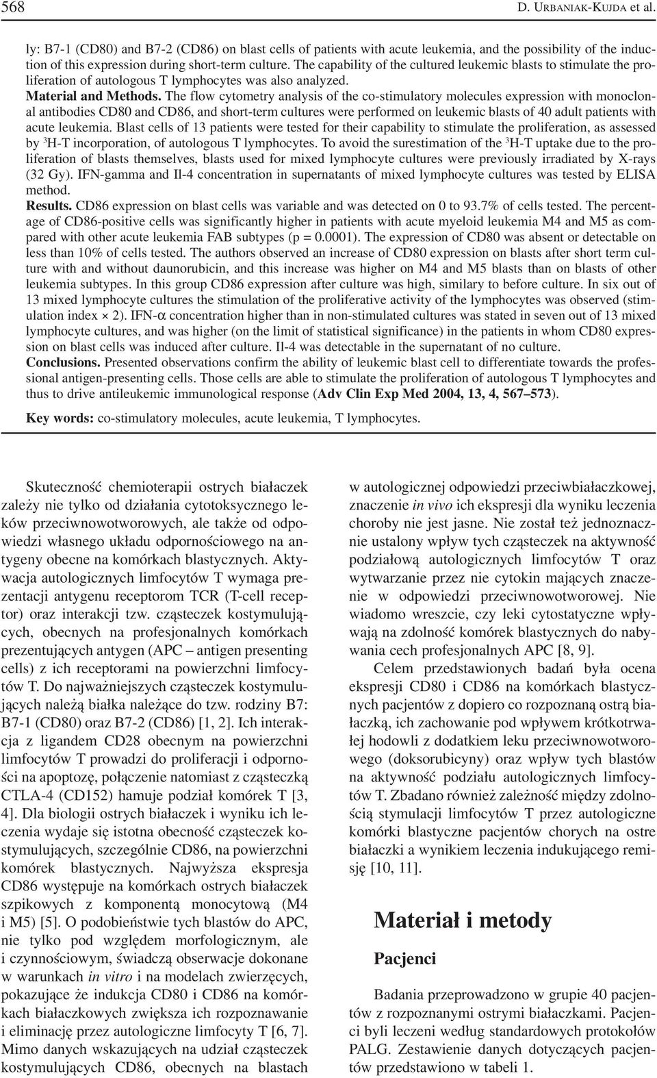 The flow cytometry analysis of the co stimulatory molecules expression with monoclon al antibodies CD80 and CD86, and short term cultures were performed on leukemic blasts of 40 adult patients with