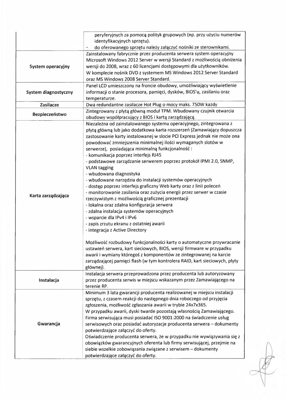 Zainstalowany fabrycznie przez producenta serwera system operacyjny Microsoft Windows 2012 Server w wersji Standard z możliwością obniżenia wersji do 2008, wraz z 60 licencjami dostępowymi dla