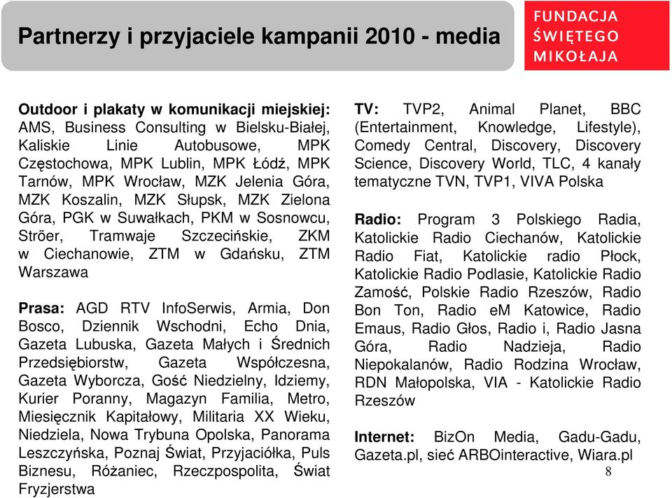 Prasa: AGD RTV InfoSerwis, Armia, Don Bosco, Dziennik Wschodni, Echo Dnia, Gazeta Lubuska, Gazeta Małych i Średnich Przedsiębiorstw, Gazeta Współczesna, Gazeta Wyborcza, Gość Niedzielny, Idziemy,