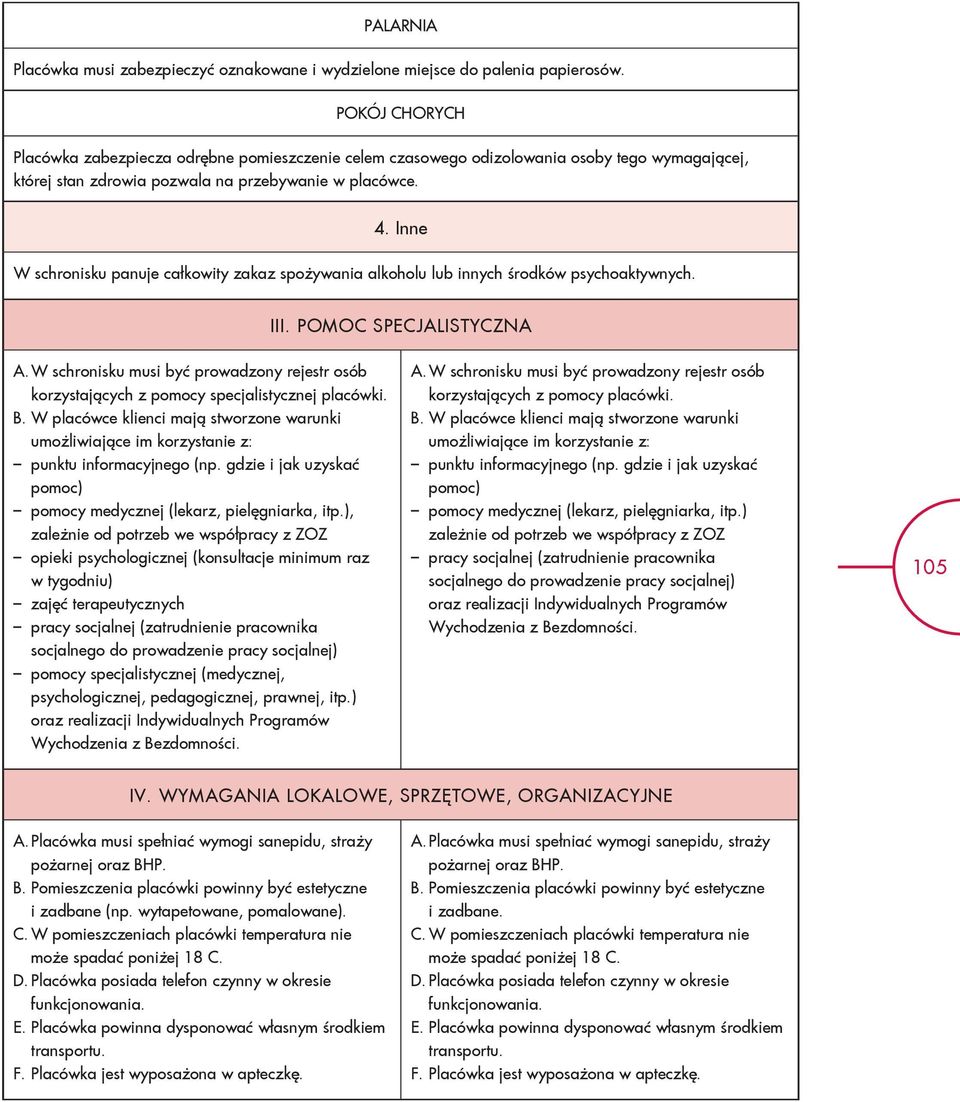 Inne W schronisku panuje całkowity zakaz spożywania alkoholu lub innych środków psychoaktywnych. III. POMOC SPECJALISTYCZNA A.