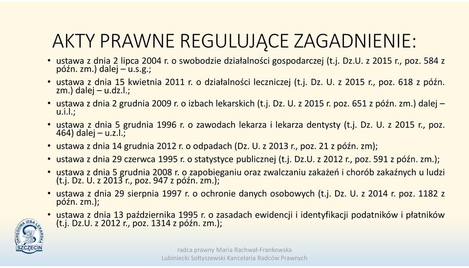 o zawodach lekarza i lekarza dentysty (t.j. Dz. U. z 2015 r., poz. 464) dalej u.z.l.; ustawa z dnia 14 grudnia 2012 r. o odpadach (Dz. U. z 2013 r., poz. 21 z późn.