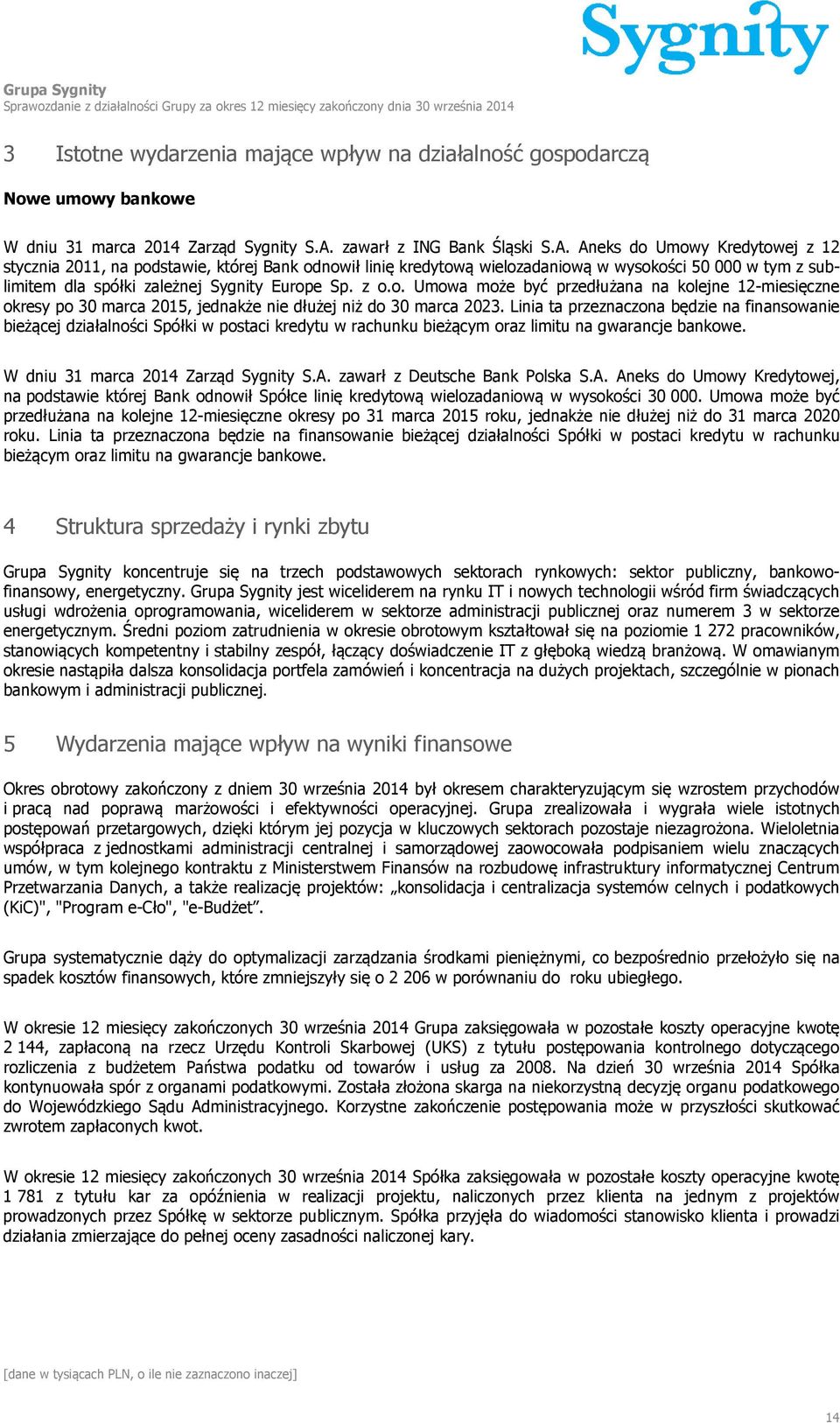 Aneks do Umowy Kredytowej z 12 stycznia 2011, na podstawie, której Bank odnowił linię kredytową wielozadaniową w wysokości 50 000 w tym z sublimitem dla spółki zależnej Sygnity Europe Sp. z o.o. Umowa może być przedłużana na kolejne 12-miesięczne okresy po 30 marca 2015, jednakże nie dłużej niż do 30 marca 2023.