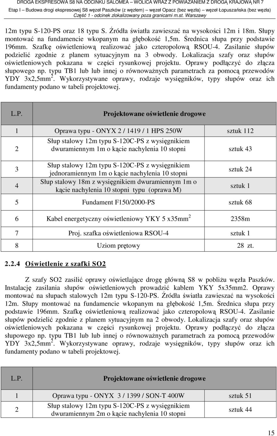 Lokalizacja szafy oraz słupów oświetleniowych pokazana w części rysunkowej projektu. Oprawy podłączyć do złącza słupowego np.