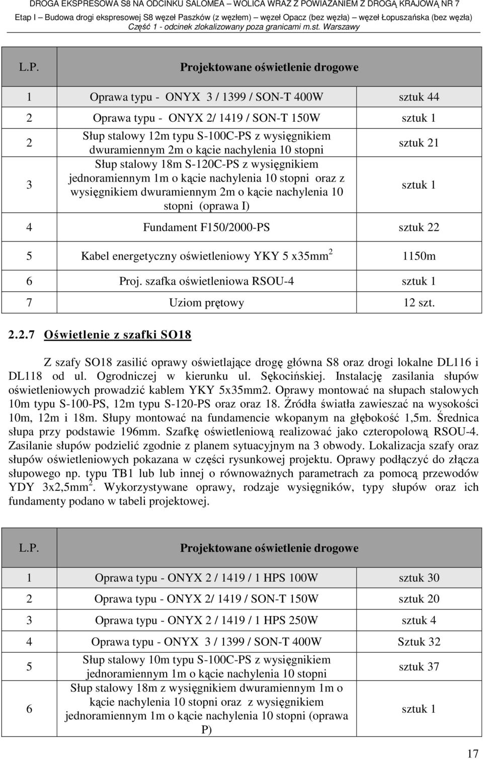 (oprawa I) sztuk 21 sztuk 1 4 Fundament F150/2000-PS sztuk 22 5 Kabel energetyczny oświetleniowy YKY 5 x35mm 2 1150m 6 Proj. szafka oświetleniowa RSOU-4 sztuk 1 7 Uziom prętowy 12 szt. 2.2.7 Oświetlenie z szafki SO18 Z szafy SO18 zasilić oprawy oświetlające drogę główna S8 oraz drogi lokalne DL116 i DL118 od ul.