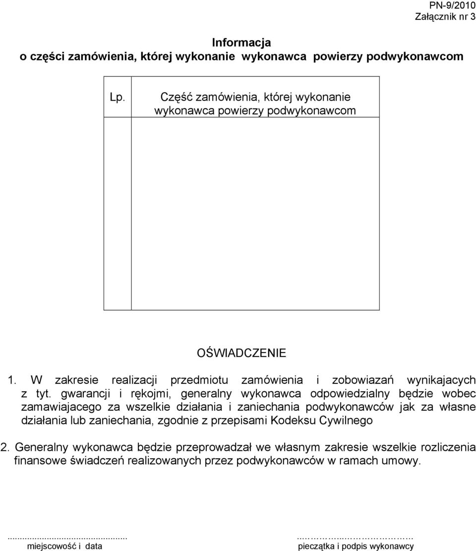 gwarancji i rękojmi, generalny wykonawca odpowiedzialny będzie wobec zamawiajacego za wszelkie działania i zaniechania podwykonawców jak za własne działania lub zaniechania,