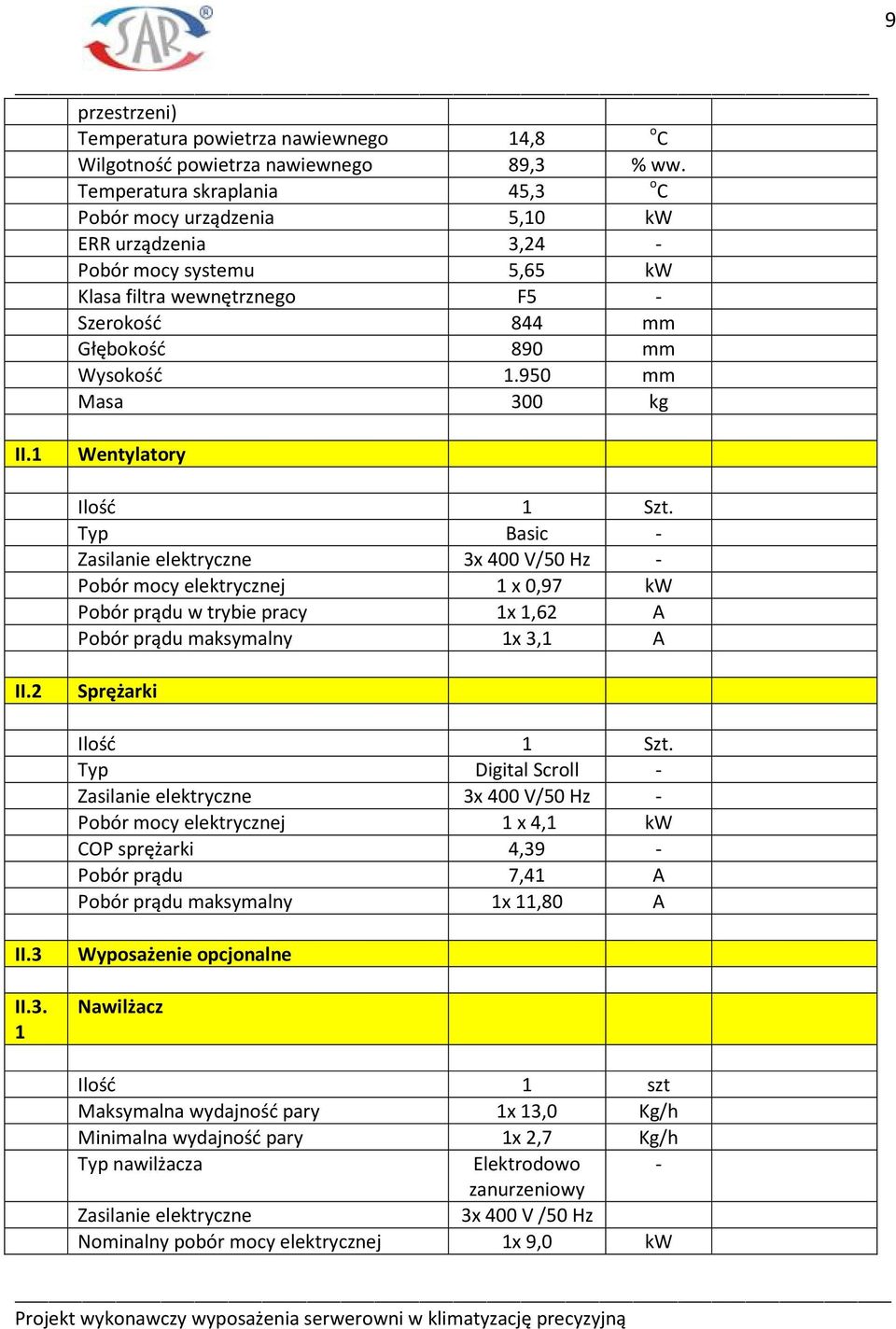 950 mm Masa 300 kg II.1 Wentylatory Ilość 1 Szt.