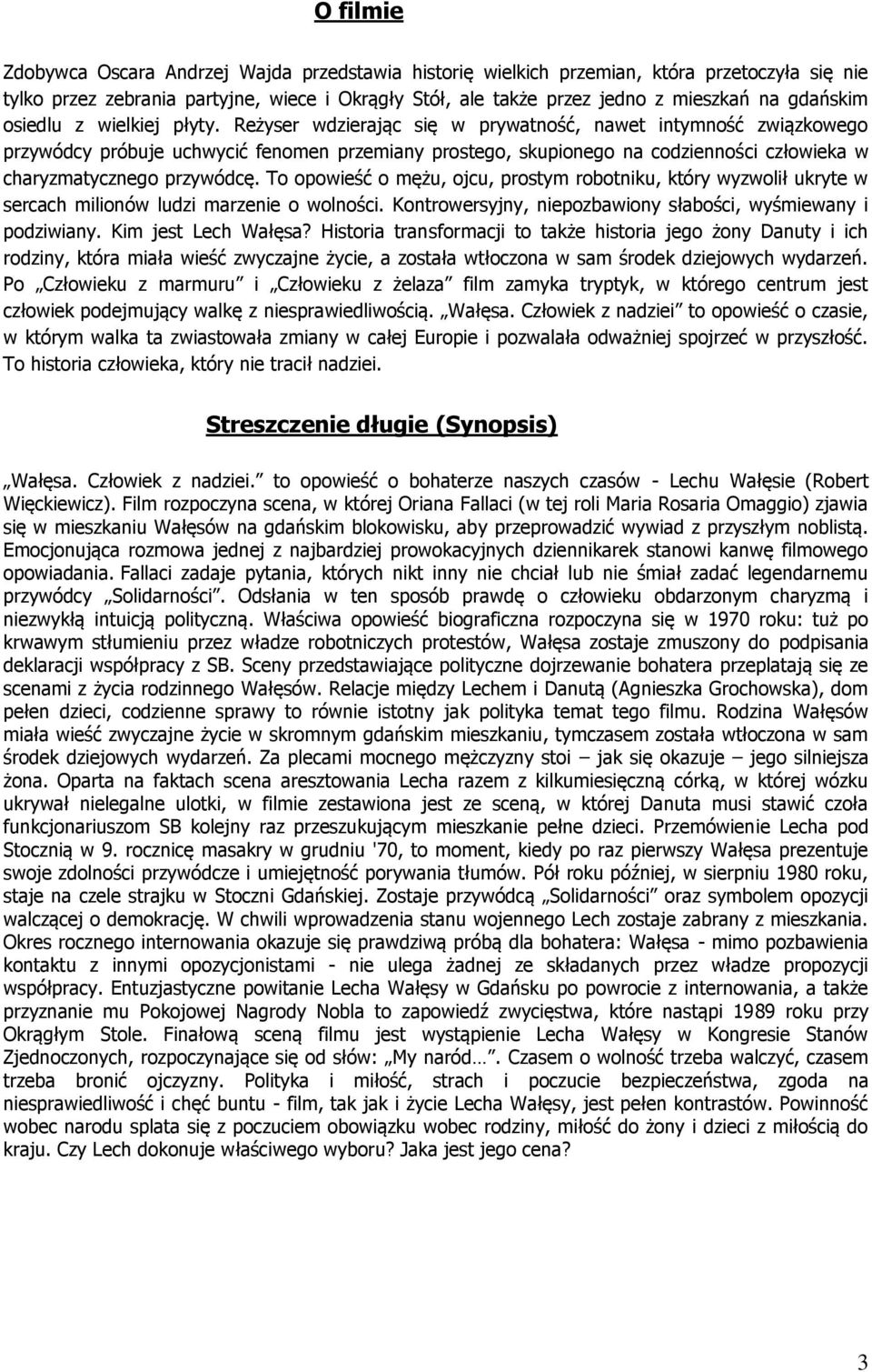 Reżyser wdzierając się w prywatność, nawet intymność związkowego przywódcy próbuje uchwycić fenomen przemiany prostego, skupionego na codzienności człowieka w charyzmatycznego przywódcę.