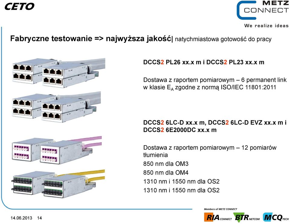 x m Dostawa z raportem pomiarowym 6 permanent link w klasie E A zgodne z normą ISO/IEC 11801:2011 DCCS2