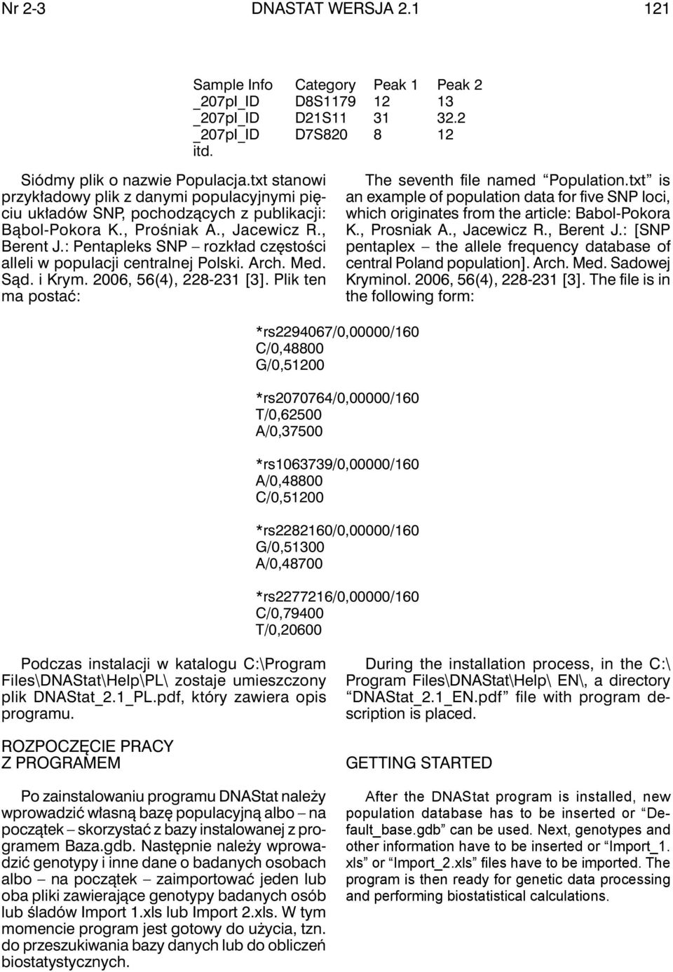 : Pentapleks SNP rozkład częstości alleli w populacji centralnej Polski. Arch. Med. Sąd. i Krym. 2006, 56(4), 228-231 [3]. Plik ten ma postać: The seventh file named Population.