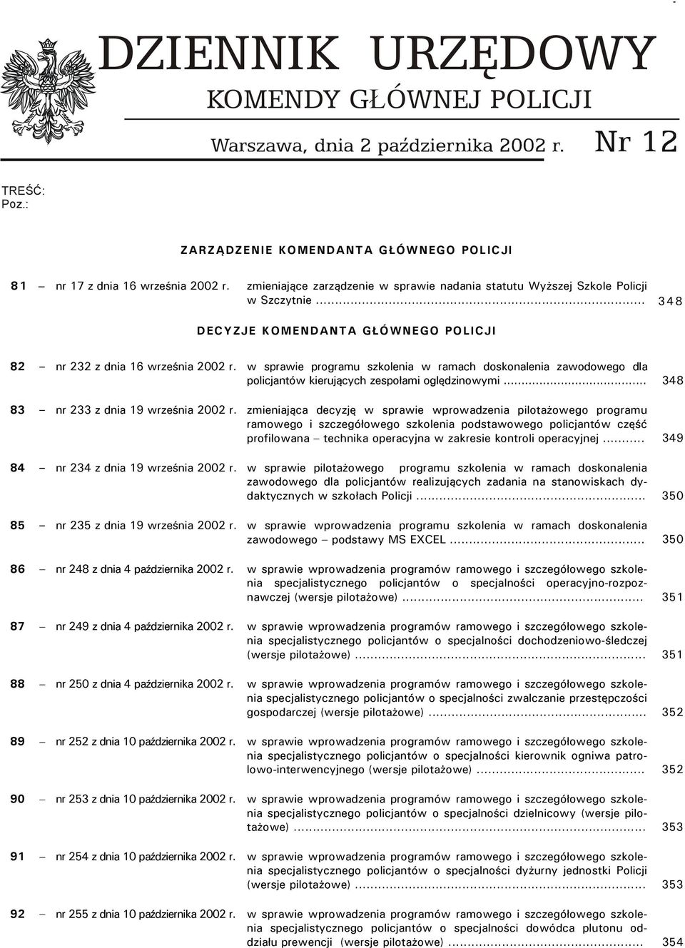 .. 348 DECYZJE KOMENDANTA GŁÓWNEGO POLICJI 82 nr 232 z dnia 16 września 2002 r. w sprawie programu szkolenia w ramach doskonalenia zawodowego dla policjantów kierujących zespołami oględzinowymi.