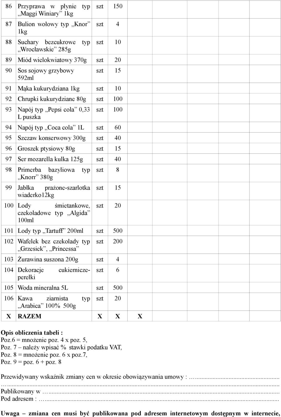 ptysiowy 80g szt 15 97 Ser mozarella kulka 125g szt 40 98 Primerba bazyliowa typ Knorr 380g 99 Jabłka prażone-szarlotka wiaderko12kg 100 Lody śmietankowe, czekoladowe typ Algida 100ml szt 8 szt 15