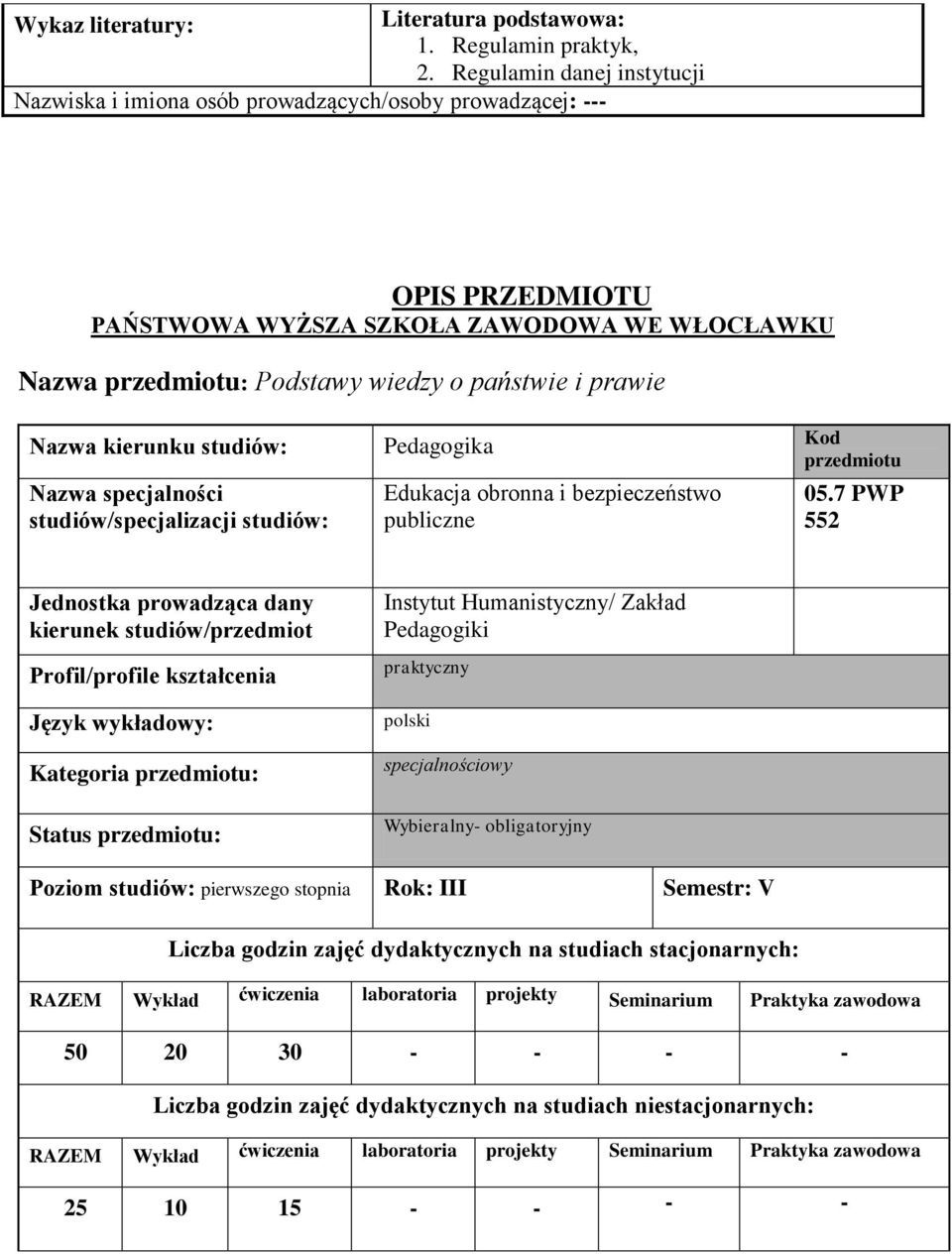 kierunku studiów: Pedagogika Kod Nazwa specjalności studiów/specjalizacji studiów: Edukacja obronna i bezpieczeństwo publiczne 05.