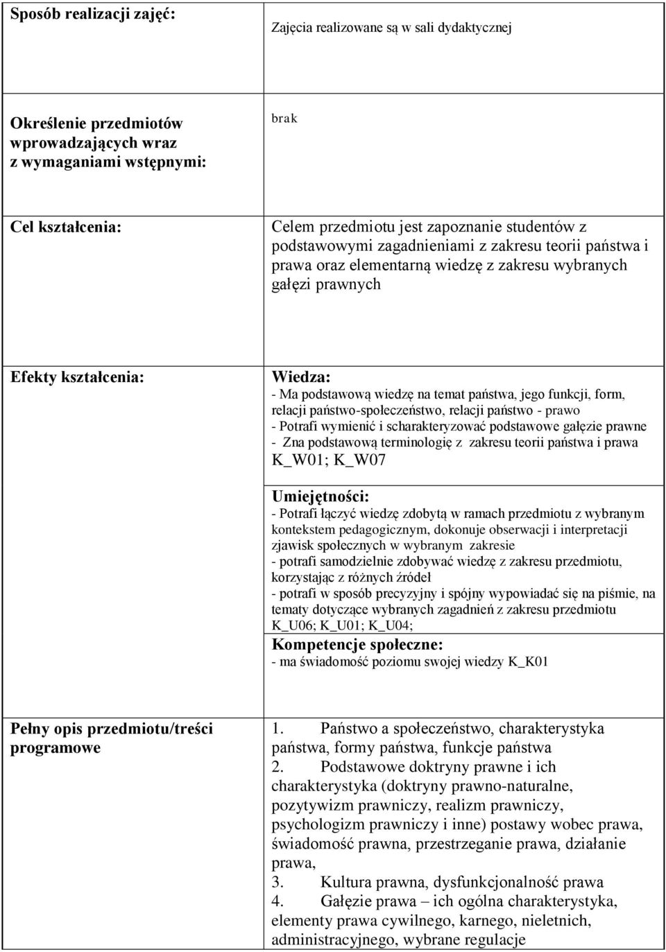 funkcji, form, relacji państwo-społeczeństwo, relacji państwo - prawo - Potrafi wymienić i scharakteryzować podstawowe gałęzie prawne - Zna podstawową terminologię z zakresu teorii państwa i prawa