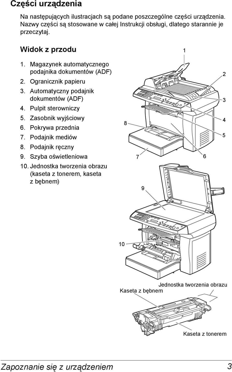 Magazynek automatycznego podajnika dokumentów (ADF) 2. Ogranicznik papieru 3. Automatyczny podajnik dokumentów (ADF) 4. Pulpit sterowniczy 5.