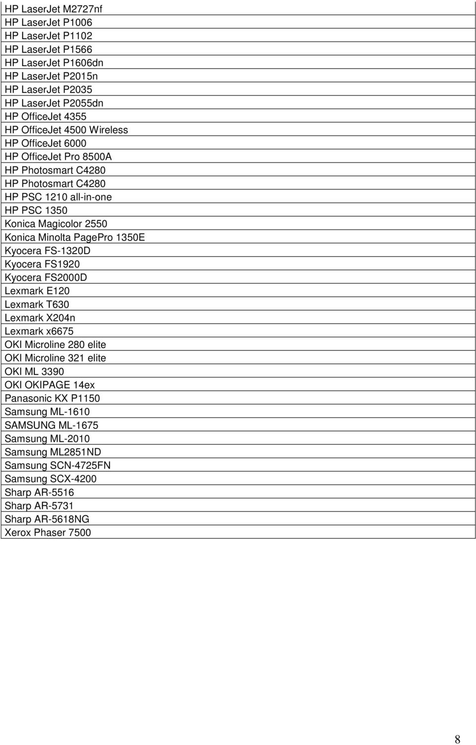 Kyocera FS-1320D Kyocera FS1920 Kyocera FS2000D Lexmark E120 Lexmark T630 Lexmark X204n Lexmark x6675 OKI Microline 280 elite OKI Microline 321 elite OKI ML 3390 OKI OKIPAGE 14ex