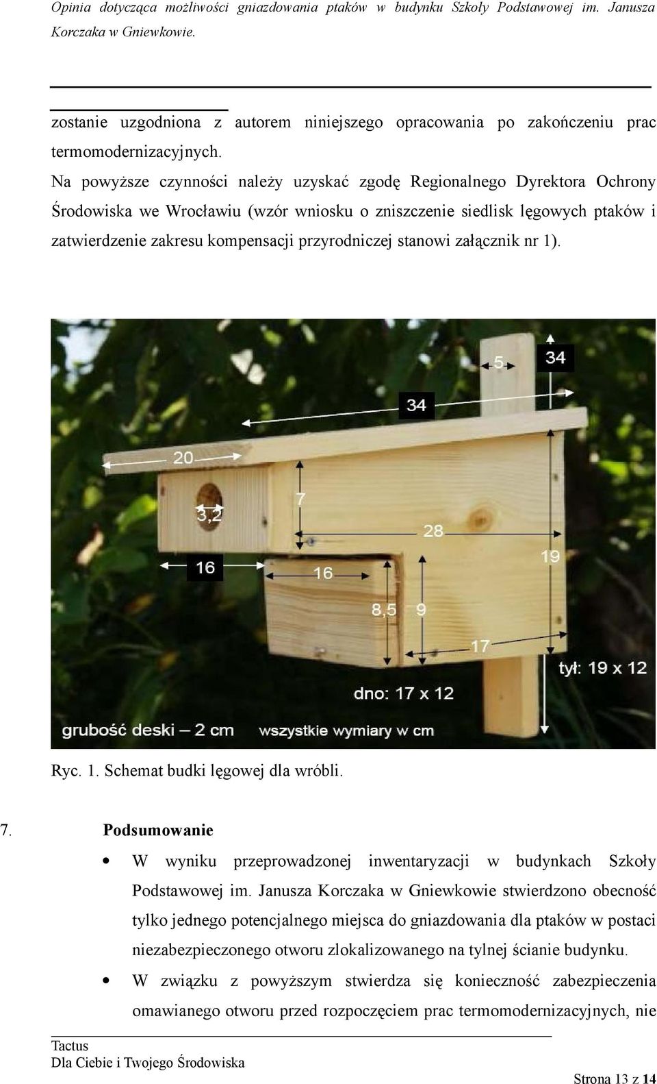 przyrodniczej stanowi załącznik nr 1). Ryc. 1. Schemat budki lęgowej dla wróbli. 7. Podsumowanie W wyniku przeprowadzonej inwentaryzacji w budynkach Szkoły Podstawowej im.