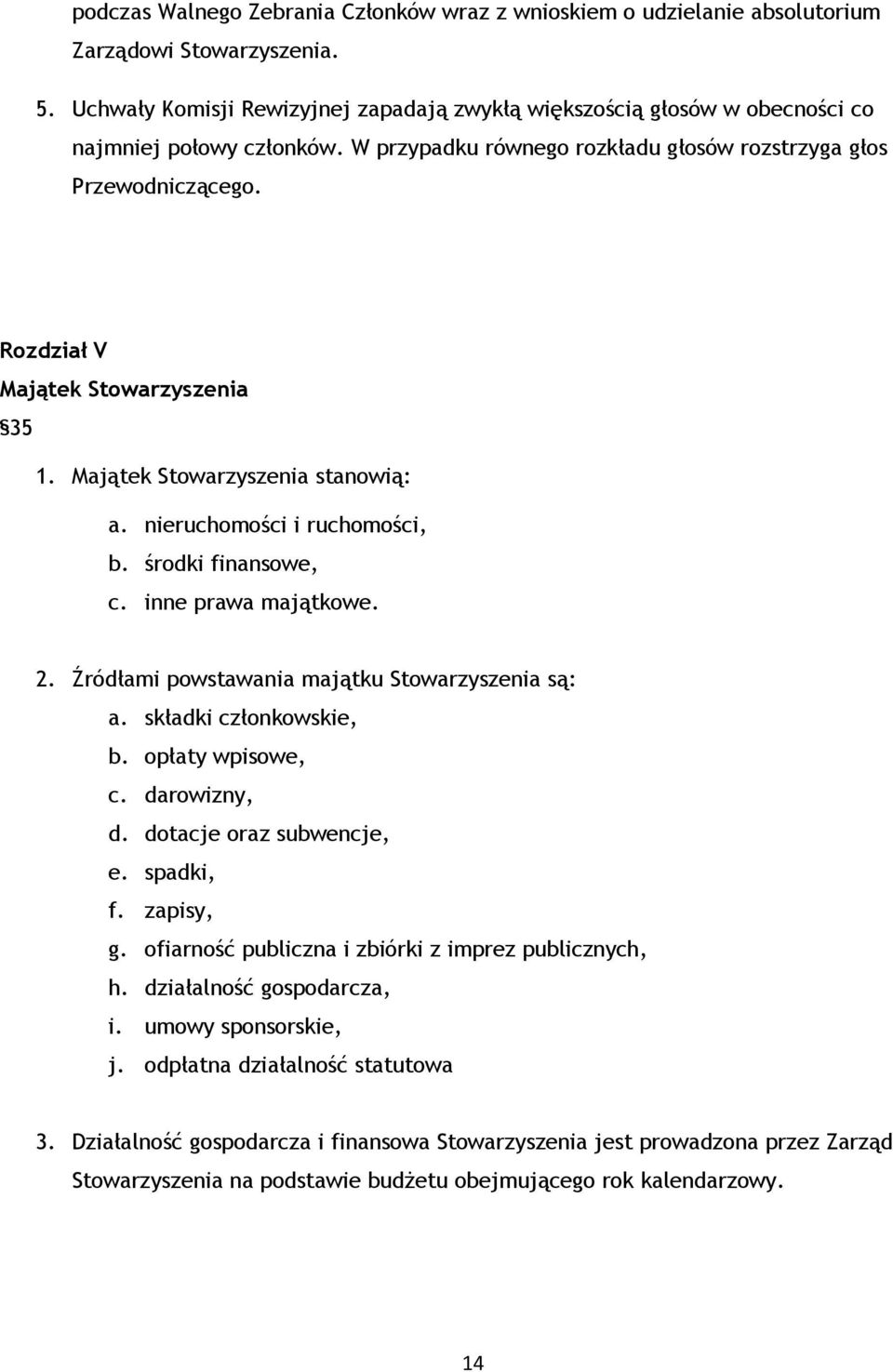 Rozdział V Majątek Stowarzyszenia 35 1. Majątek Stowarzyszenia stanowią: a. nieruchomości i ruchomości, b. środki finansowe, c. inne prawa majątkowe. 2.