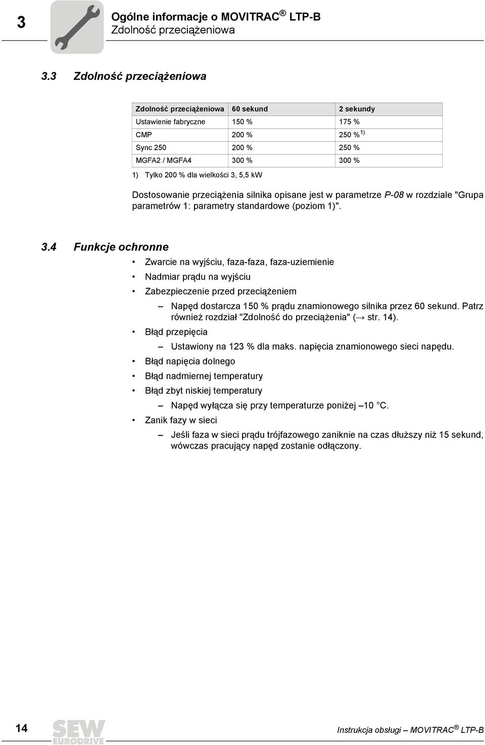 3, 5,5 kw Dostosowanie przeciążenia silnika opisane jest w parametrze P-08 w rozdziale "Grupa parametrów 1: parametry standardowe (poziom 1)". 3.