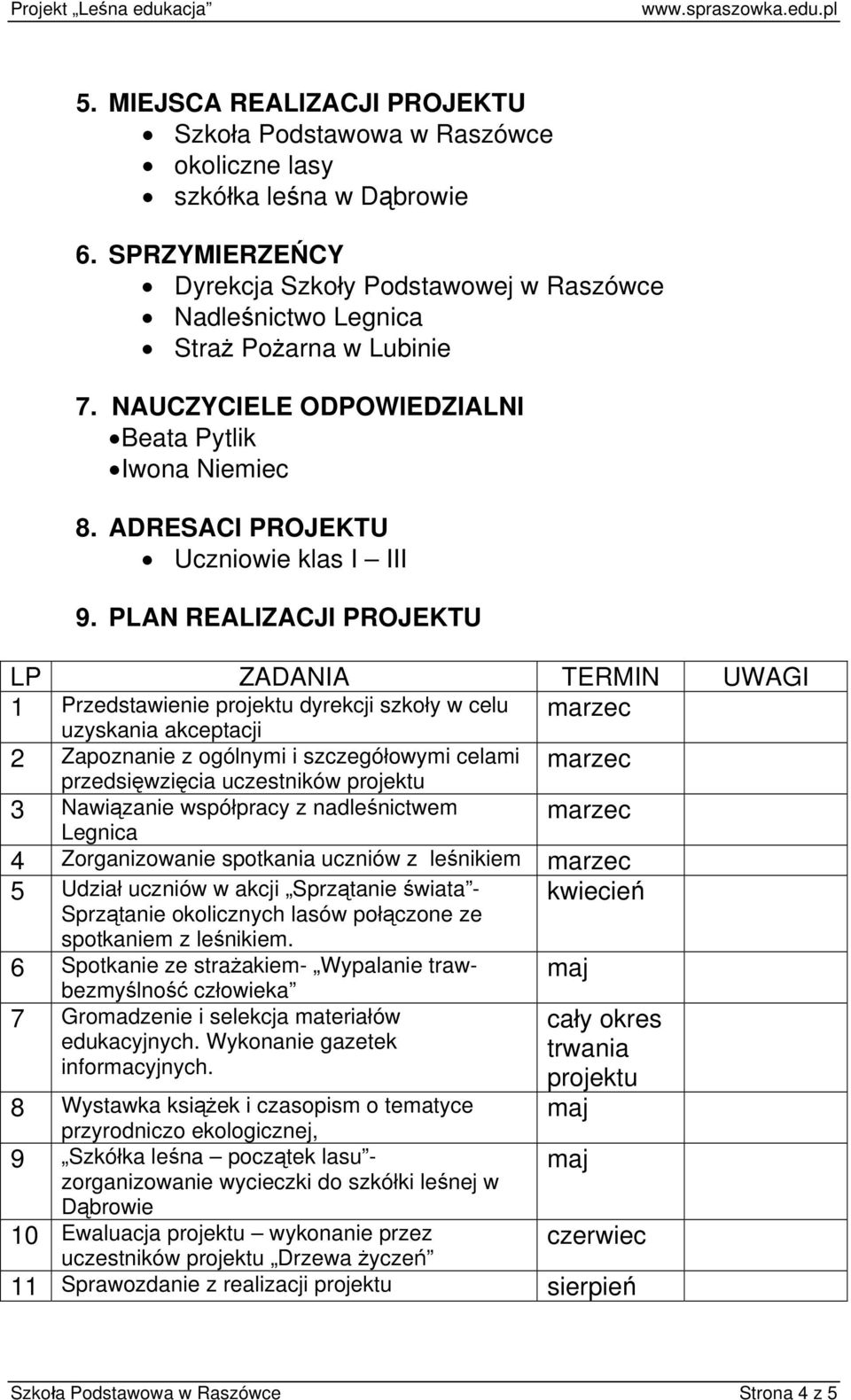 PLAN REALIZACJI PROJEKTU LP ZADANIA TERMIN UWAGI 1 Przedstawienie projektu dyrekcji szkoły w celu uzyskania akceptacji 2 Zapoznanie z ogólnymi i szczegółowymi celami przedsięwzięcia uczestników