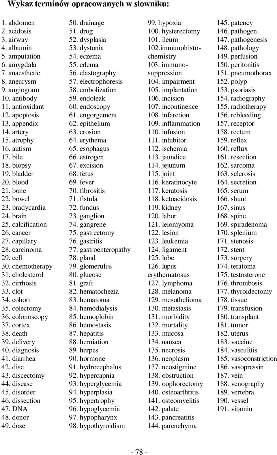 chemotherapy 31. cholesterol 32. cirrhosis 33. clot 34. cohort 35. colectomy 36. colonoscopy 37. cortex 38. death 39. delivery 40. diagnosis 41. diarrhea 42. disc 43. discectomy 44. disease 45.