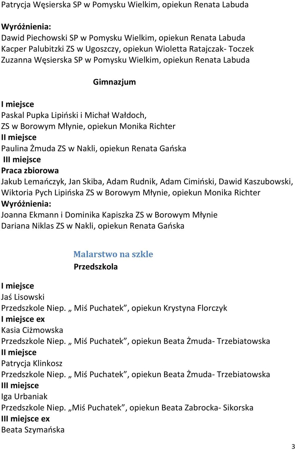 zbiorowa Jakub Lemańczyk, Jan Skiba, Adam Rudnik, Adam Cimiński, Dawid Kaszubowski, Wiktoria Pych Lipińska ZS w Borowym Młynie, opiekun Monika Richter Joanna Ekmann i Dominika Kapiszka ZS w Borowym