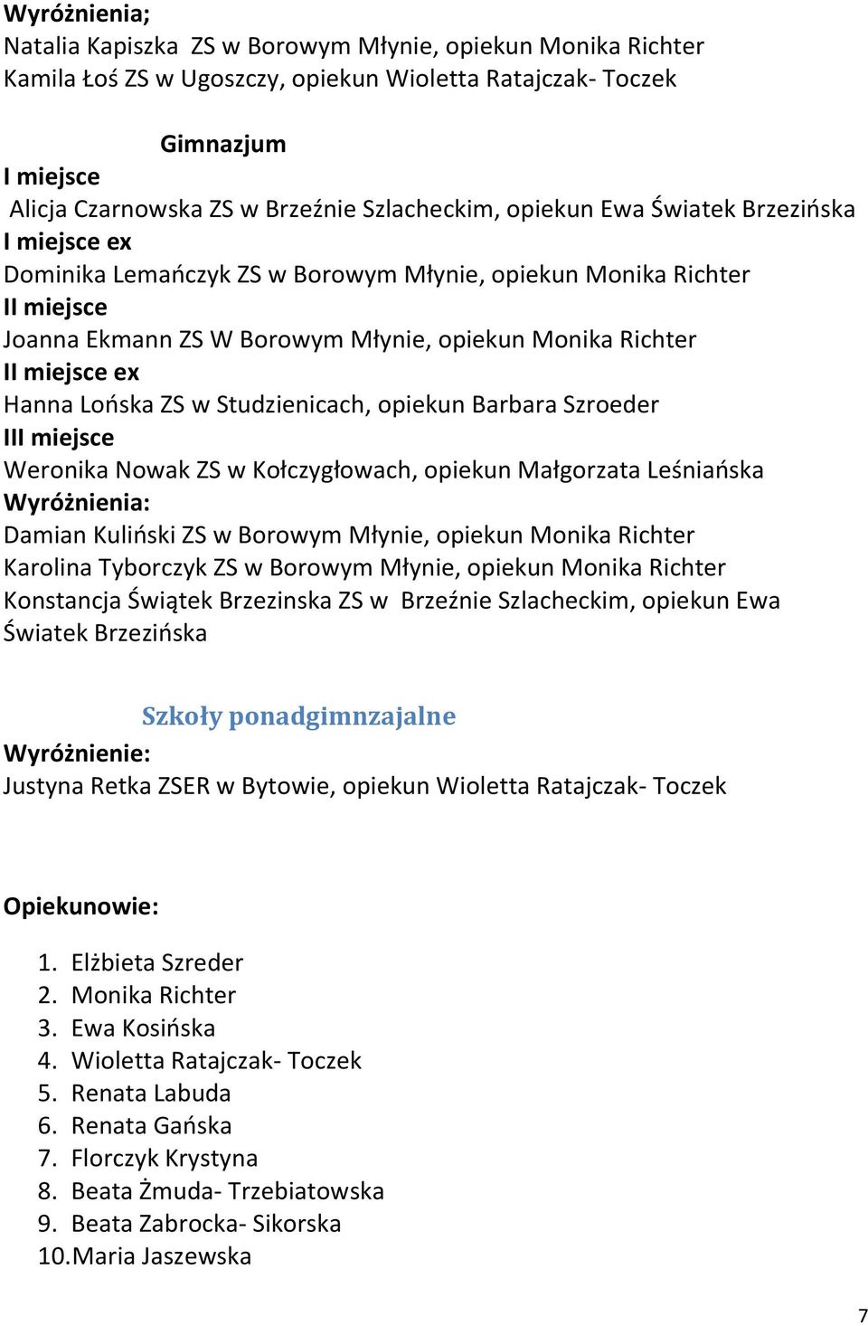 II Weronika Nowak ZS w Kołczygłowach, opiekun Małgorzata Leśniańska Damian Kuliński ZS w Borowym Młynie, opiekun Monika Richter Karolina Tyborczyk ZS w Borowym Młynie, opiekun Monika Richter