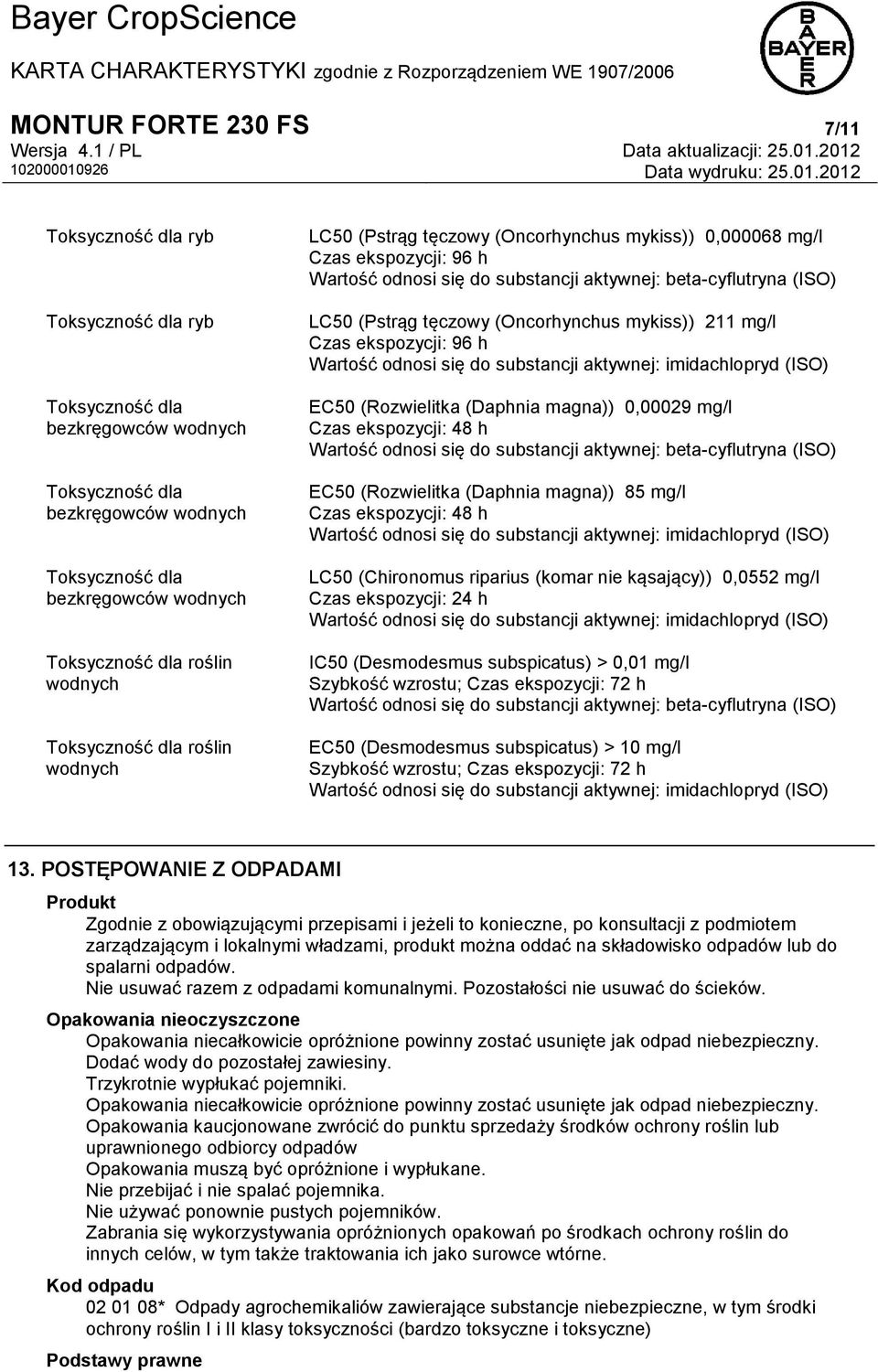 tęczowy (Oncorhynchus mykiss)) 211 mg/l Czas ekspozycji: 96 h Wartość odnosi się do substancji aktywnej: imidachlopryd (ISO) EC50 (Rozwielitka (Daphnia magna)) 0,00029 mg/l Czas ekspozycji: 48 h